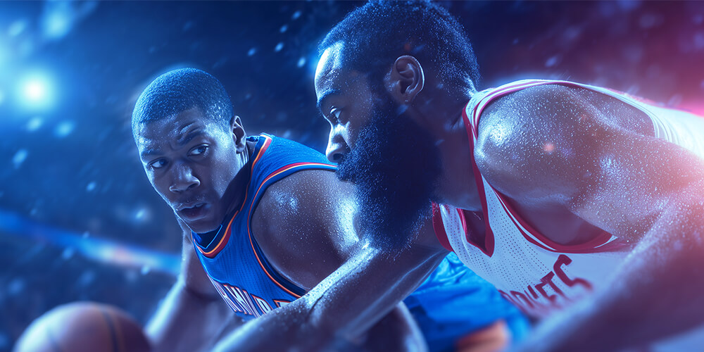 Kuva kahdesta koripalloilijasta taistelemassa pallosta.