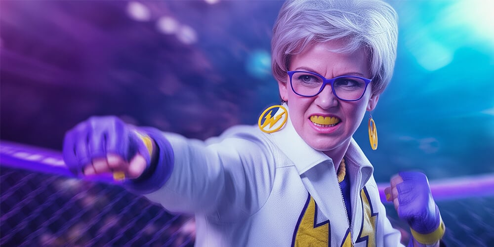 Lähikuva Grannystä iskemässä nyrkillään ilmaan.