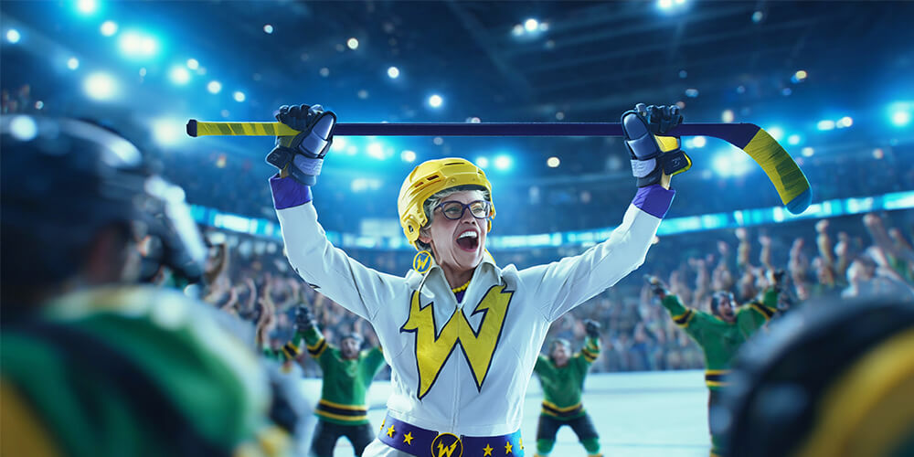 Granny juhlii maalia nostamalla mailan päänsä yläpuolelle.