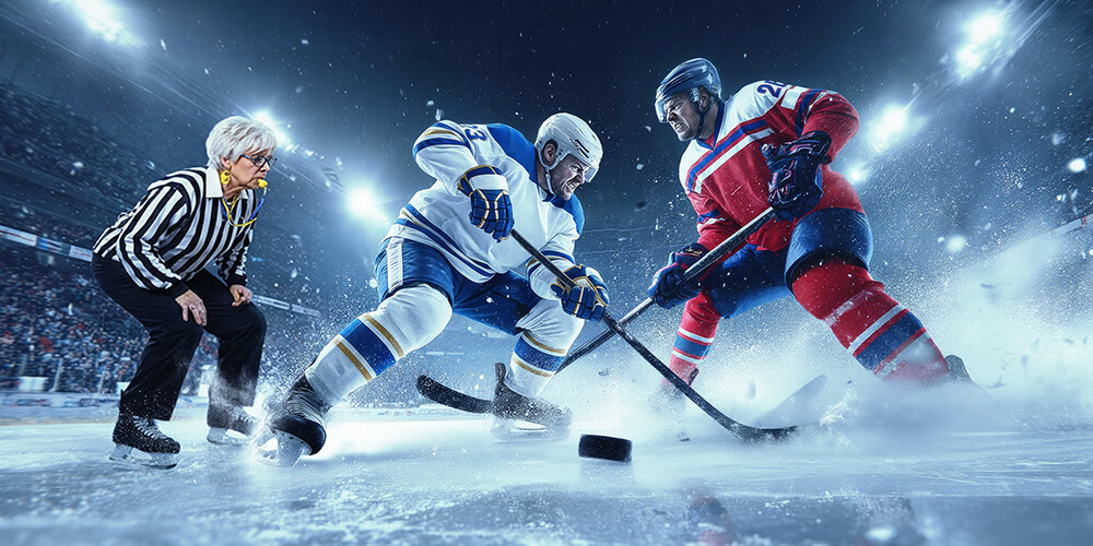 Suomen ja Tshekin pelaaja taistelemassa kiekosta, Granny seuraa peliä tuomarina.