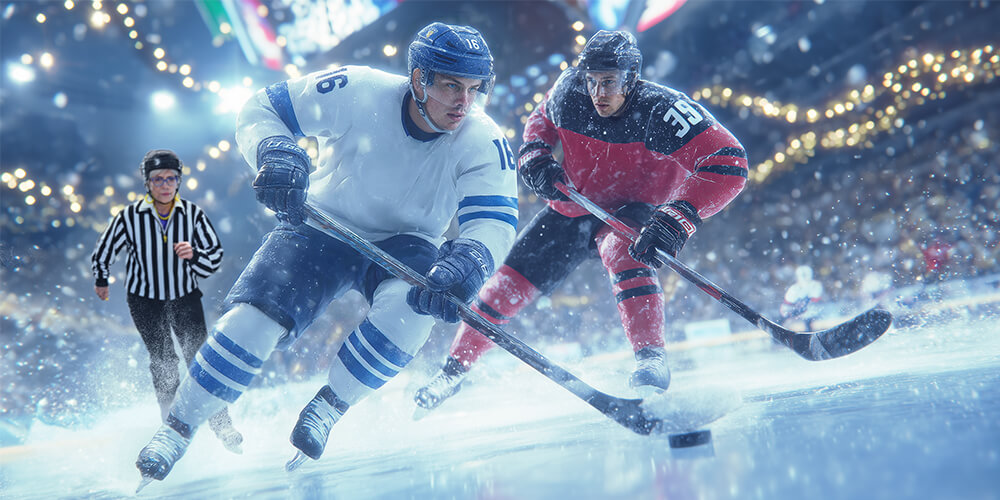 Kaksi jääkiekkoilijaa taistelemassa kiekosta, Granny seuraa tilannetta tuomarina.